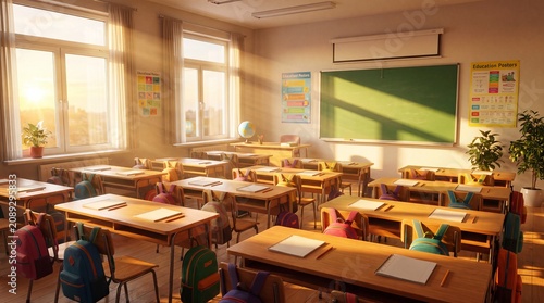 Empty elementary classroom with sunbeams, sunny school interior with wooden desks and backpacks, bright educational learning environment