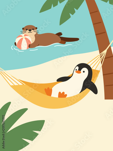 Cute Penguin Relaxing in Hammock While Otter Plays at Tropical Beach