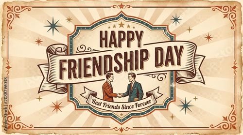 Vintage Happy Friendship Day greeting card, retro illustration of two men shaking hands, antique parchment paper background with sunburst rays
