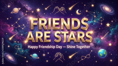 Friends Are Stars cosmic greeting card, Happy Friendship Day typography on galaxy background, celestial space theme with gold lettering