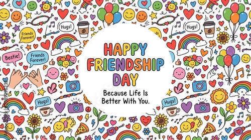 Happy Friendship Day greeting card, colorful hand drawn doodle pattern with hearts and rainbows, cheerful best friends celebration background