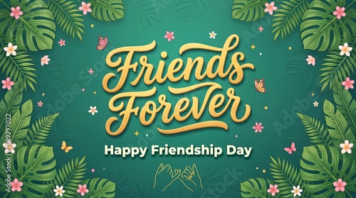 Friends Forever typography on tropical background, Happy Friendship Day greeting card with gold lettering, lush green jungle leaves and pink flowers