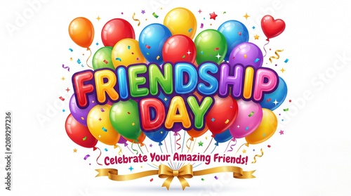 Friendship Day greeting card with colorful balloons and confetti, vibrant festive celebration banner, joyful holiday party background for friends