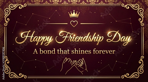 Elegant Happy Friendship Day greeting card, luxury gold typography on maroon damask background, royal friendship celebration banner with crown