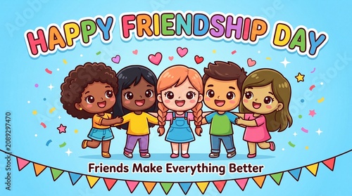 Happy Friendship Day greeting card, diverse group of cute cartoon children holding hands, colorful friendship celebration banner with hearts and bunting