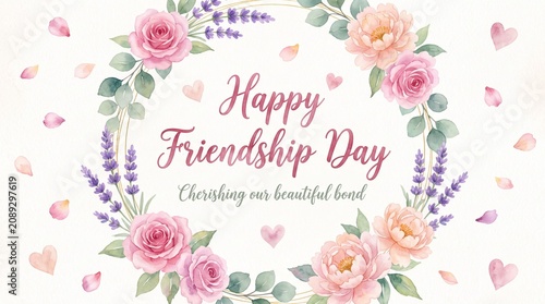Happy Friendship Day greeting card, watercolor floral wreath with pink roses and lavender, elegant botanical frame for social media and invitations