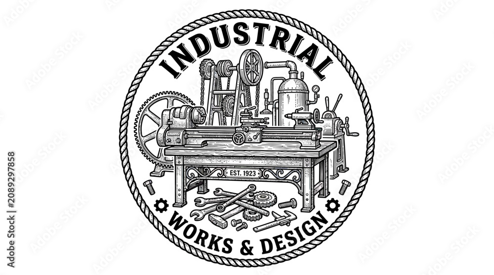Obraz premium Vintage Industrial Works & Design Emblem with Lathe and Tools