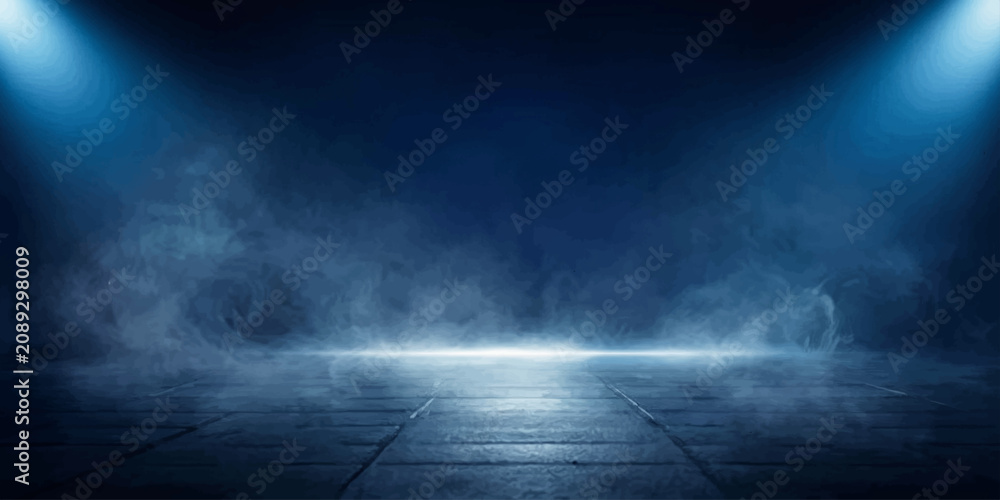 Naklejka premium An empty stage bathed in dramatic blue spotlights and ethereal mist evokes a sense of anticipation and mystery, ready for a grand performance.