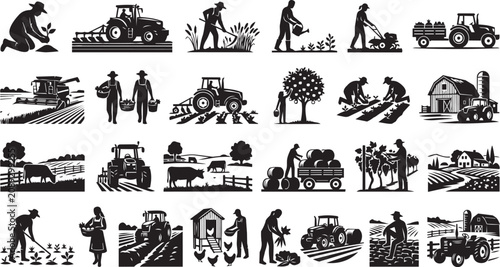 Fotografie Farm life vector silhouettes showing agriculture and rural activities during day