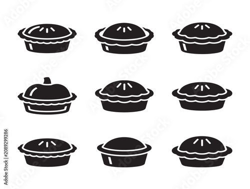 Set of pumpkin pie icons featuring solid black silhouettes in flat style