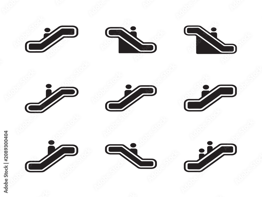 Obraz premium Escalator solid black silhouette icon set for public transport navigation