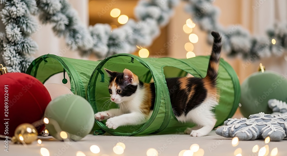 Fototapeta premium Cute Cats Playing in Green Tunnel During Festive Holiday.
