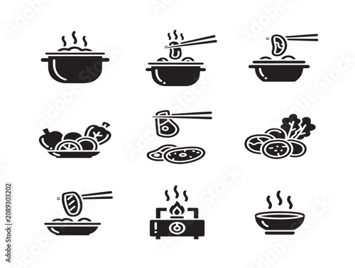 Hot Pot Food Icon Set Featuring Solid Black Silhouette Vector Illustrations