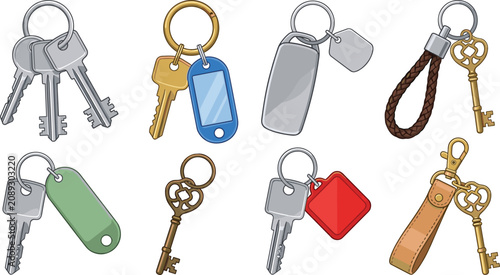 Картината върху платно Keychain vector collection featuring house keys key rings leather fobs smart tag
