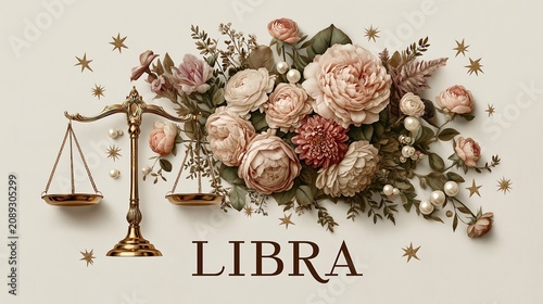 Floral design of Libra symbol with scales and roses on a background