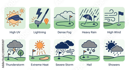 Golf course weather safety warning icons set depicting weather hazards