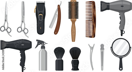 Professional barber and hairstyling tools collection featuring scissors, hair dryer, clippers, combs, brushes, razor, and salon accessories vector set
