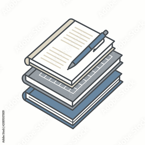 Isometric illustration of a stack of books and a writing pen.