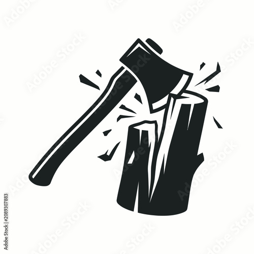 Black and white illustration of an axe chopping a wooden log.