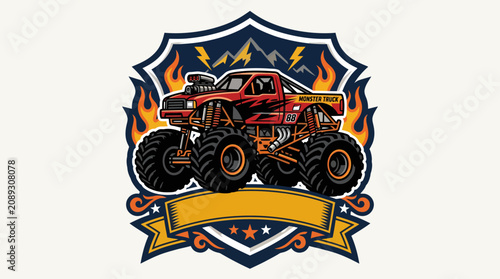 Red offroad monster truck with flames and mountain background