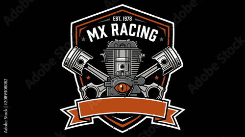 Motorcycle racing engine with crossed pistons and shield badge