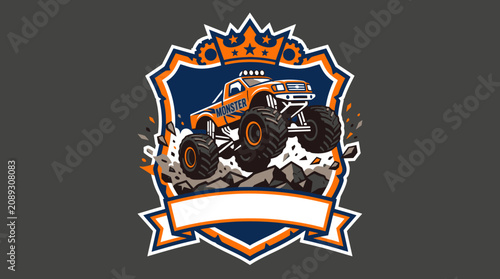 Monster truck jumping over rugged rocks in emblem