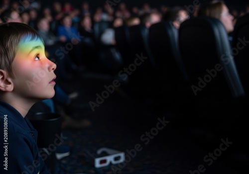Child mesmerized by colorful movie screen in dark theater, experiencing cinematic magic