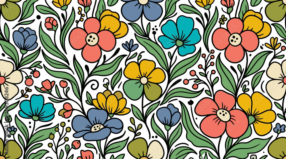 Fototapeta premium Seamless Hand Drawn Floral Pattern With Vibrant Flowers And Foliage.