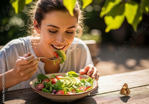 Joyful woman eating fresh avocado salad outdoors in sunlit garden, summer lifestyle