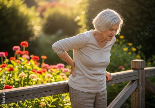 Elderly woman with back pain leaning on garden railing, bright sunlight