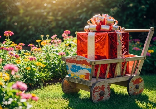 Bright Red Gift on a Wooden Cart in a Sunny Garden with Summer Flowers