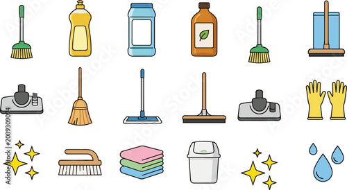 Tableau sur toile Household Cleaning Supplies and Janitorial Equipment Vector Icon Set Featuring B
