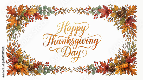 Happy Thanksgiving Day Autumn Wreath Hand-Drawn Floral Border
