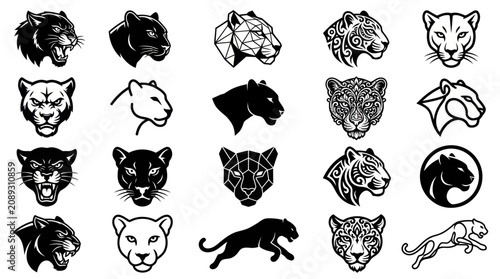 Canvastavla Assorted predatory feline head icons in black and white
