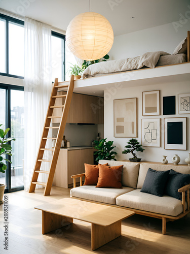 3d japandi loft studio apartment interior with geometric gallery wall art, space saving modern furniture in minimal neutral palette