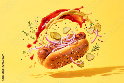 Foto Grilled Hot Dog with Ketchup and Mustard Swirl on Yellow Background A grilled ho