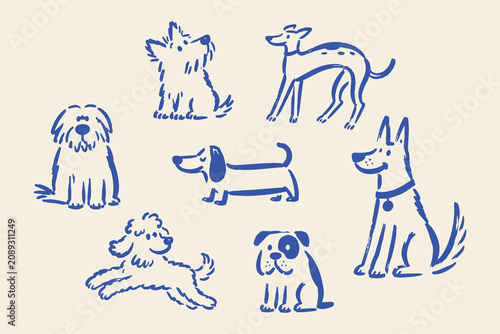 Dog Breeds Set Naive Doodle Vector Illustration
