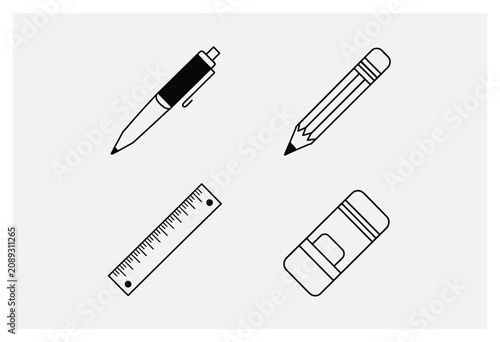 鉛筆 ペン 定規 消しゴムの文房具ベクターイラスト
