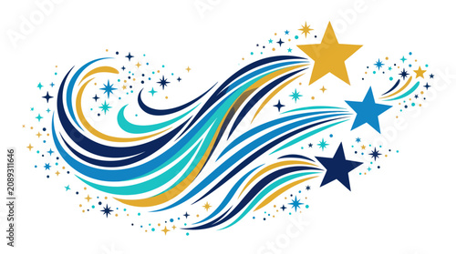 Abstract swoosh lines with stars and golden sparkles.
