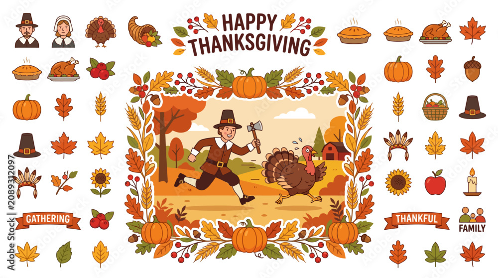 Fototapeta premium Happy Thanksgiving Cartoon - Pilgrim Chasing Turkey, Pumpkins, Autumn Leaves