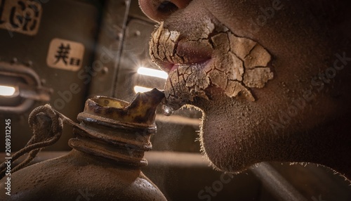 Thirsty person with cracked lips drinking water from a dusty canteen