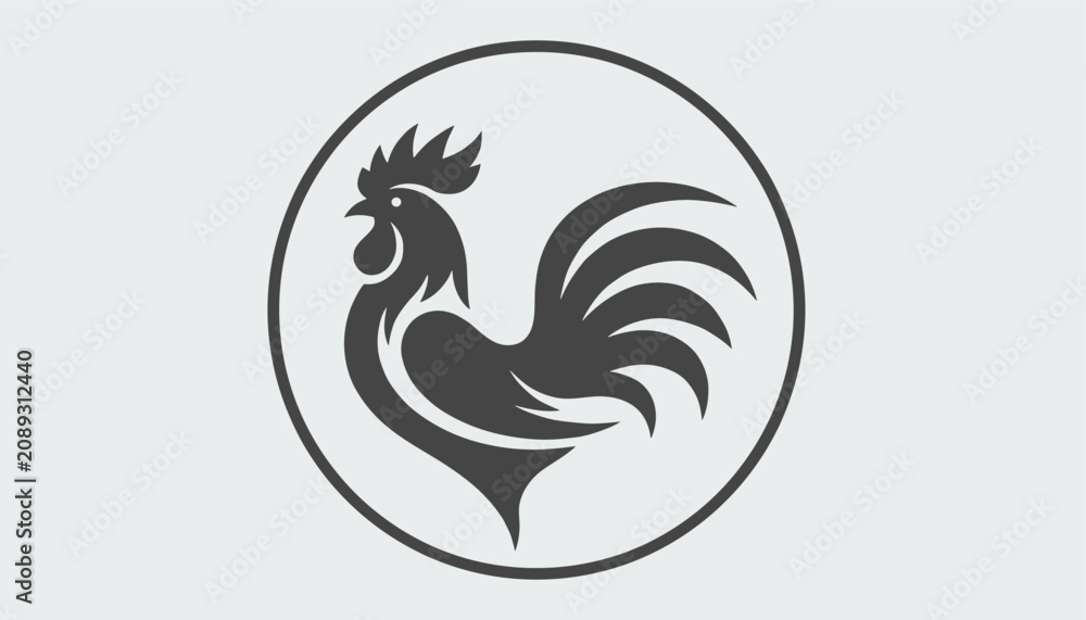 Fototapeta premium Modern rooster silhouette logo design in monochromatic grey circle representing morning vitality and agriculture.