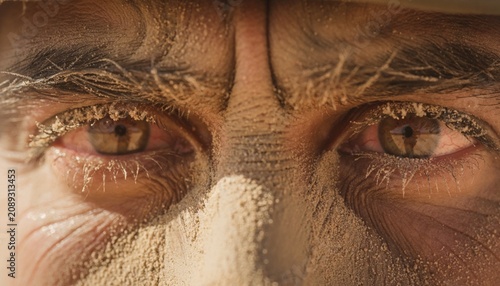 Close up portrait of tired eyes in a dusty harsh environment