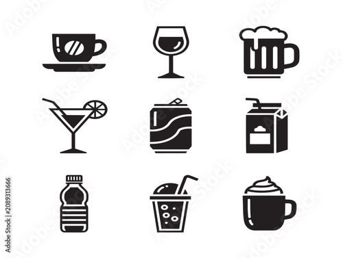 Collection of solid black drink menu icons featuring various beverage types