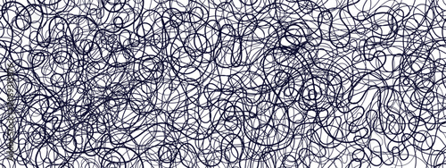 Chaotic stress seamless pattern with tangled spiral black line creating an anxious, depressed mood through random scribbles and messy strokes on transparent bg. Vector wiggly scrawl doodle print