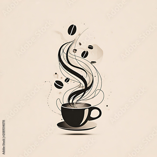 Coffee Cup With Rising Steam And Beans Vector Illustration