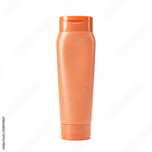 A tall orange plastic cosmetic bottle with a flip cap, standing upright on a white background, used for shampoo, lotion, or body wash