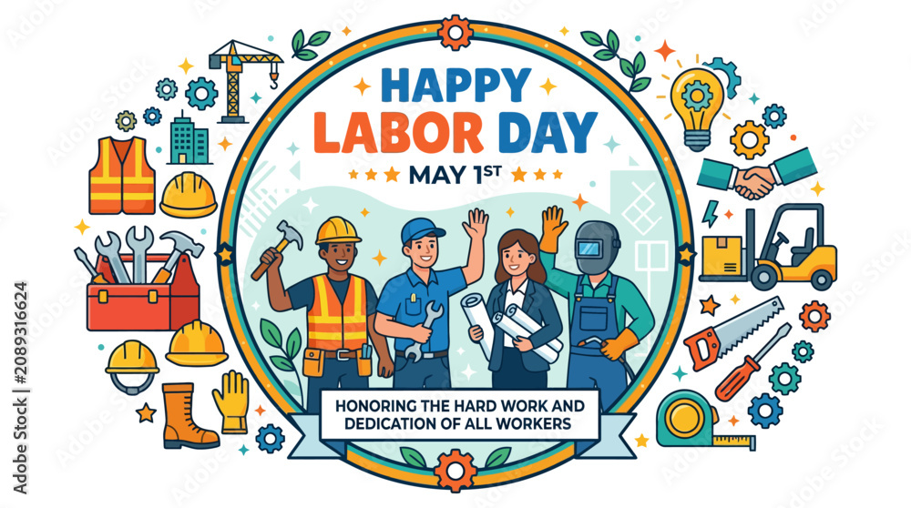 Naklejka premium Happy Labor Day Illustration - Workers Celebrating May 1st With Tools