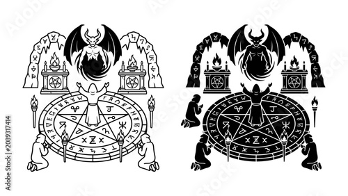 Принти на полотні Occult Ritual Circle: A dark fantasy illustration depicting an occult ritual wit