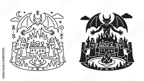 Obraz na plátně Demonic Ritual Illustration: A stylized illustration depicting a demonic figure with wings presiding over a ritualistic ceremony with robed figures gathered around a fiery altar under a moonlit sky